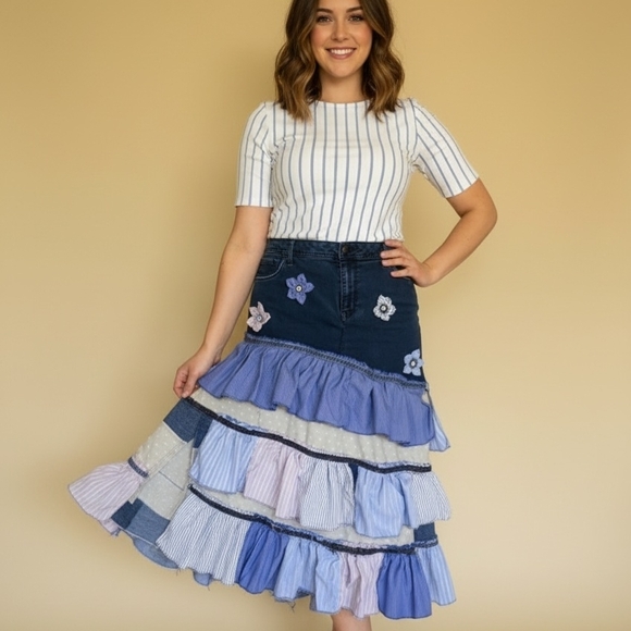 Upcycled Dresses & Skirts - Ucycled Asymetrical Tiered Jean Midi Skirt From Jeans And Mens Shirts